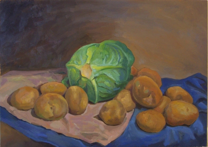 Cabbage and Potatoes by Aletha Kuschan, oil on paper on panel 