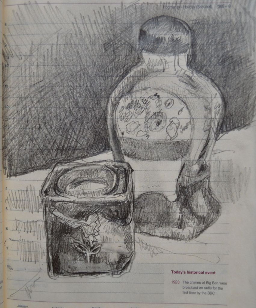 Early stage of a pencil drawing of a honey bottle and pepper tin by Aletha Kuschan, drawn on a page from an old calendar journal. 