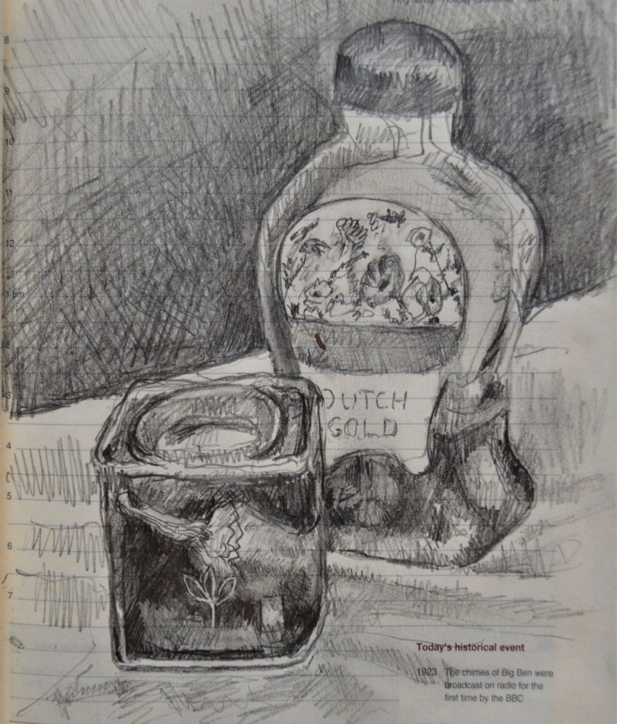 Honey bottle and pepper tin by Aletha Kuschan, pencil on a page of an old calendar journal, 6.25x5.5 inches. Finished version.  Dutch Gold Wildflower honey and Pimenton de la vera pepper
