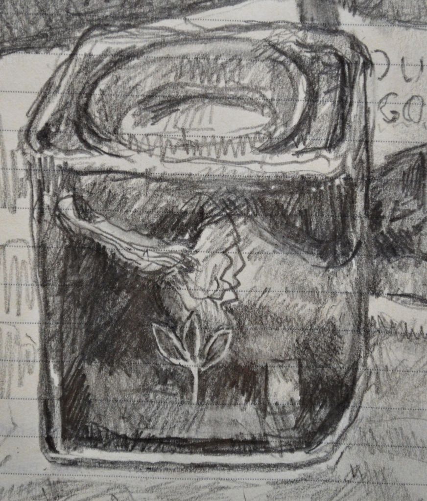Detail of a Pimenton de la Vera pepper tin from the drawing Honey bottle and pepper tin by Aletha Kuschan, pencil on a page from an old calendar journal. 