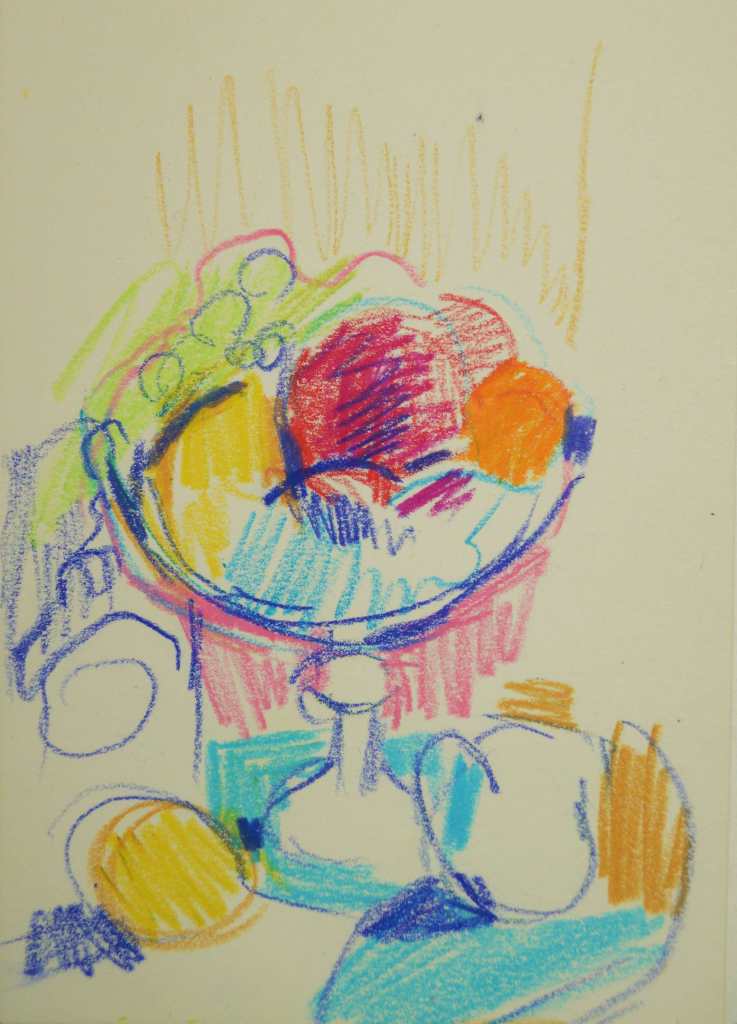 Compotier of Fruit, colored pencil drawing by Aletha Kuschan, 4x6 inches. 