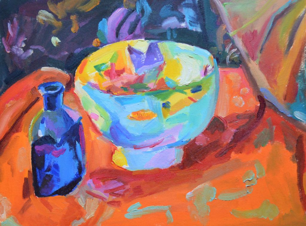 Paper Bowl with Blue Bottle by Aletha Kuschan, oil on paper, 9x12 inches. 