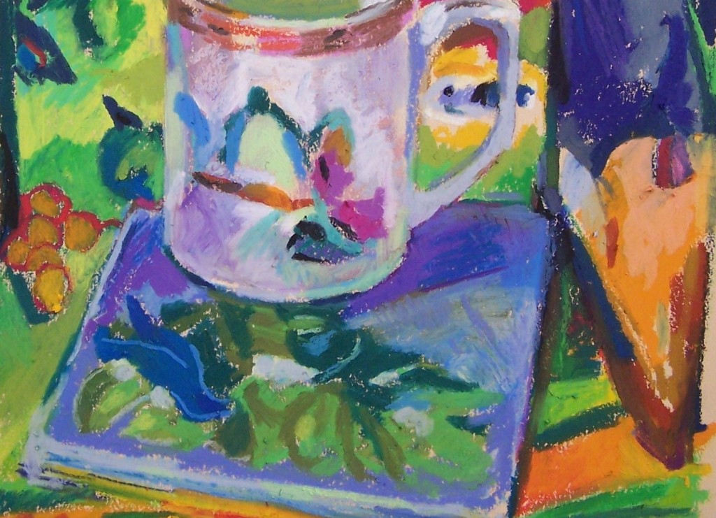 Detail of a Still life drawing of a Coffee Mug by Aletha Kuschan, Neopastel on paper. 
