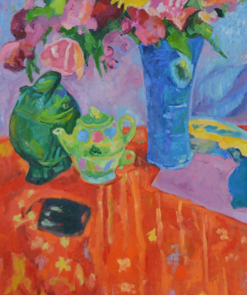 Vase of Flowers by Aletha Kuschan, detail of a 36x48 canvas whose predominant color is red. 